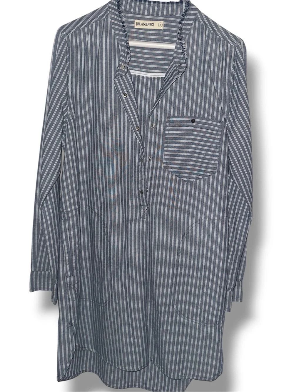 [BLANKNYC] Striped Linen Blend Tunic Dress Size M Distressed Collar Snap Front - Picture 11 of 12